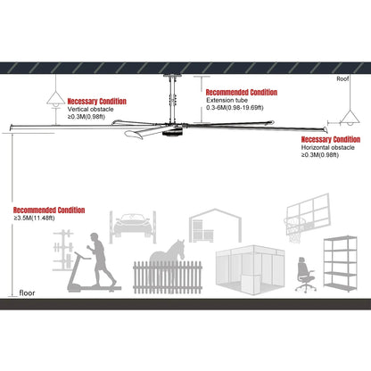 24FT HVLS Industrial Ceiling Fan 220V 1-Phase - Energy Efficient Large Area Air Circulation Fan for Warehouses & Factories, 24FT1PH