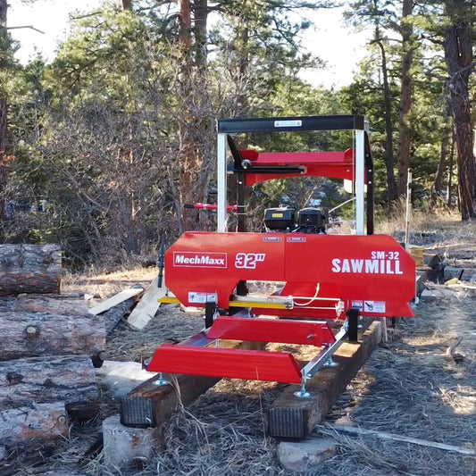 32" Portable Sawmill (5 x Blades Included), 459cc 15HP E-Start Gasoline Engine, 29" Board Width, 20' Track Length (13' Track Length + 6.6' Track Extension Included) , SM-32